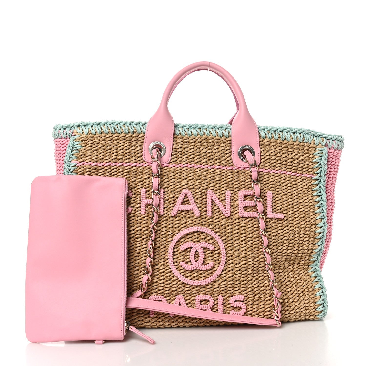 Raffia Crochet Medium Deauville Tote Beige Light Pink Green