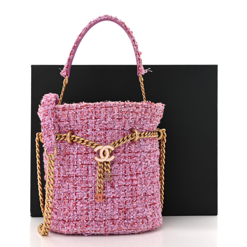 Tweed Enamel Quilted Pending CC Bucket Drawstring Bag Pink Purple