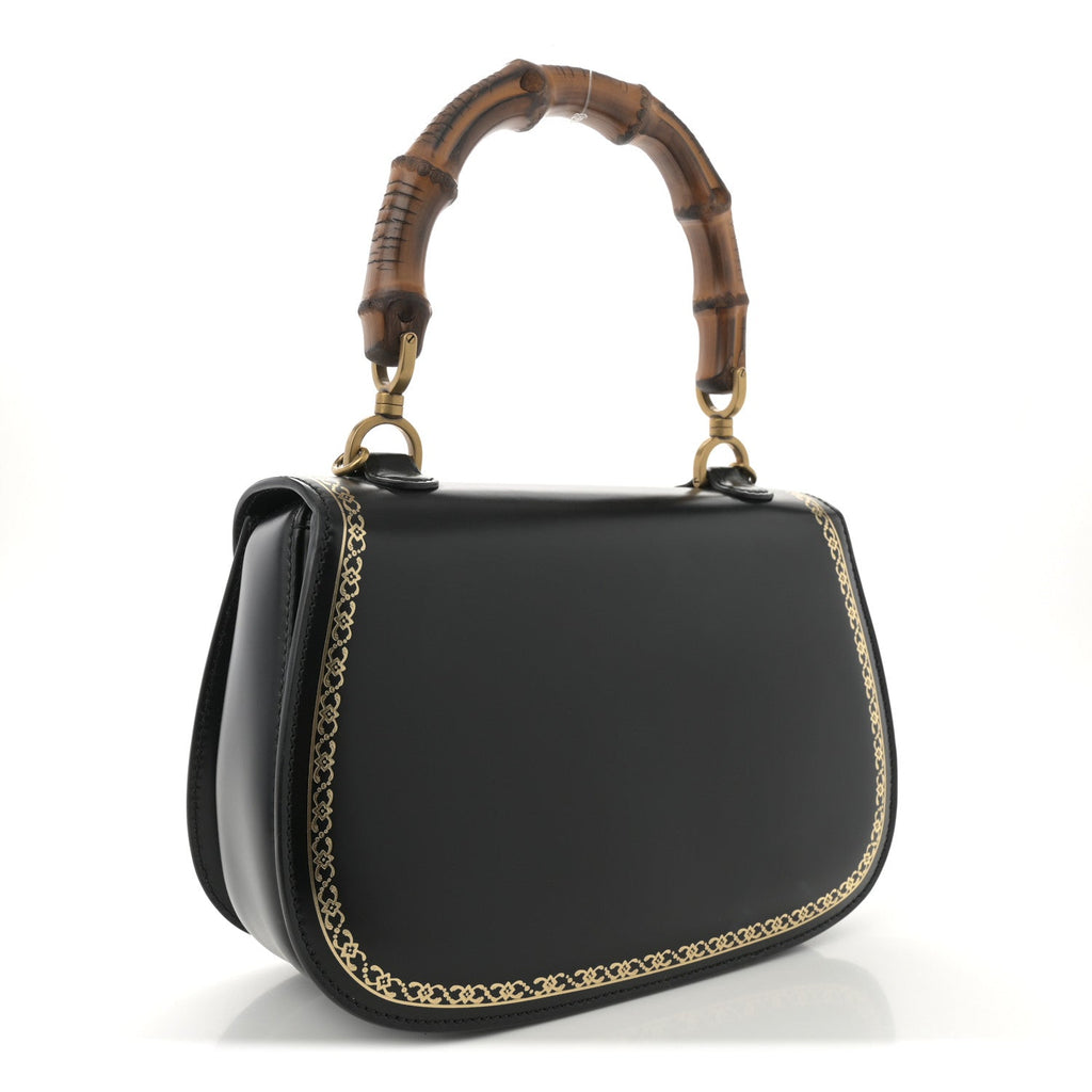 Calfskin Frame Print Bamboo Top Handle Bag Black