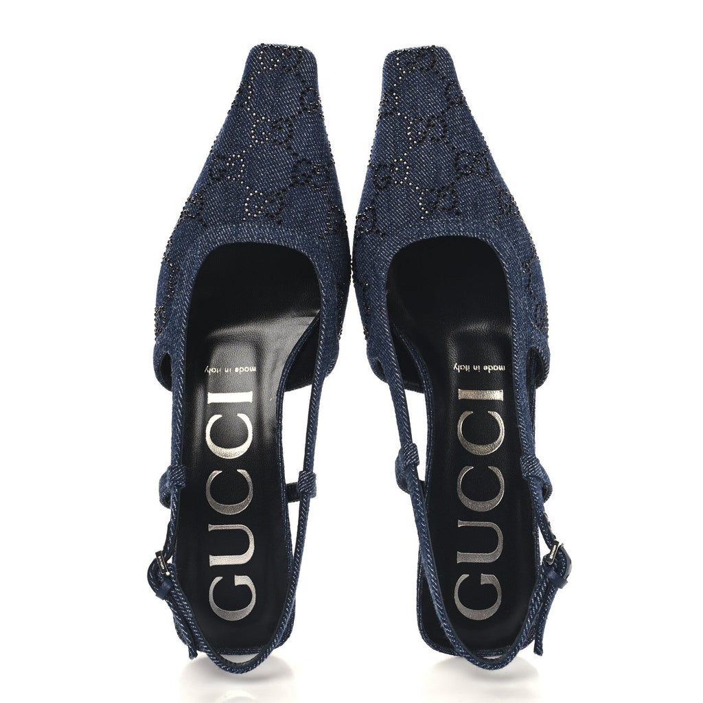 Denim GG Monogram Malaga Kid Crystal Square G 35mm Slingback Pumps 37.5 Blue