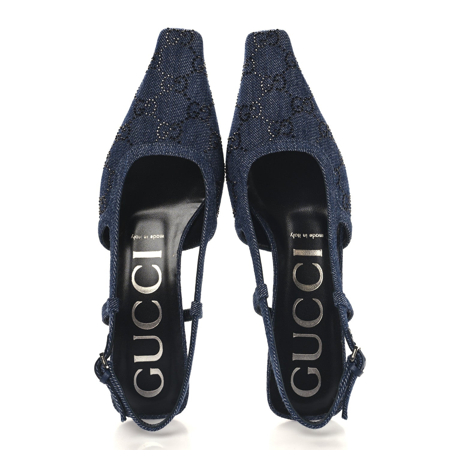 Denim GG Monogram Malaga Kid Crystal Square G 35mm Slingback Pumps 37.5 Blue