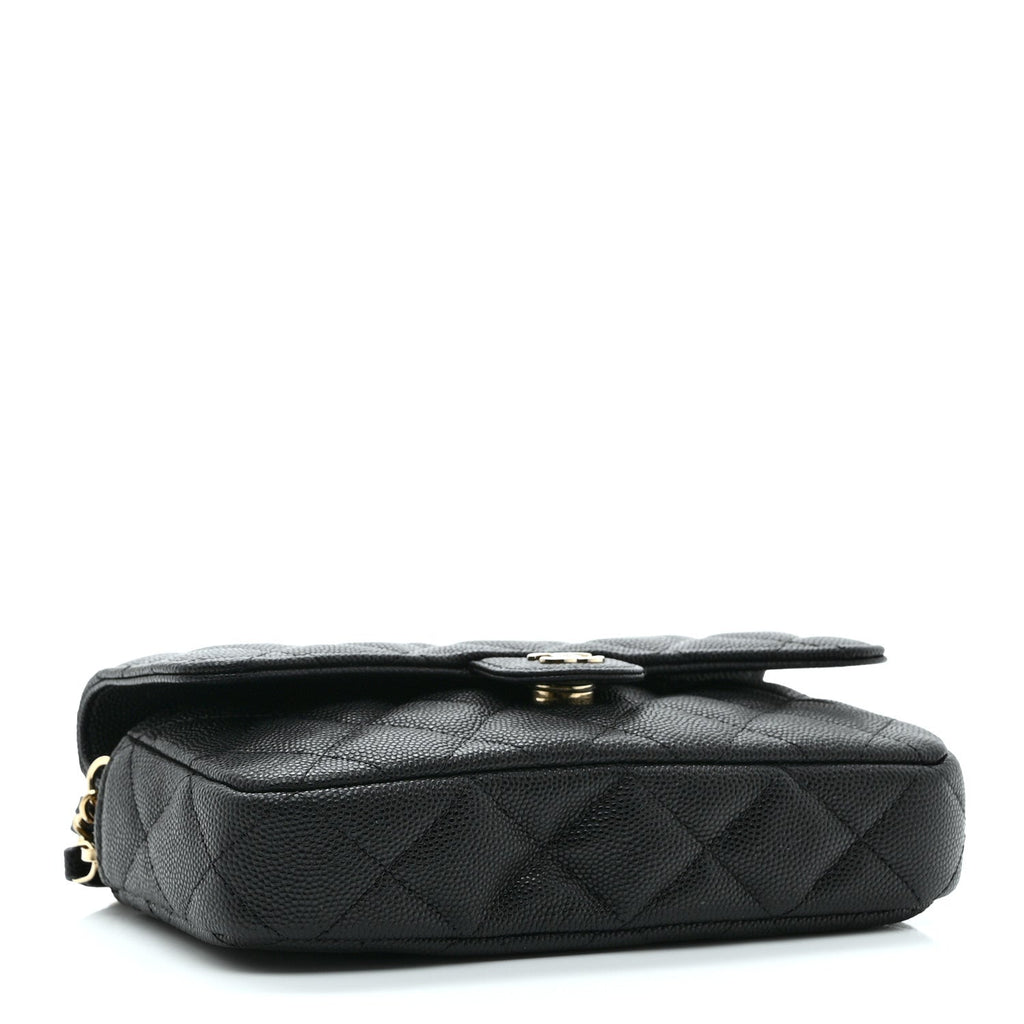 Caviar Quilted Flap Phone Holder With Chain Black