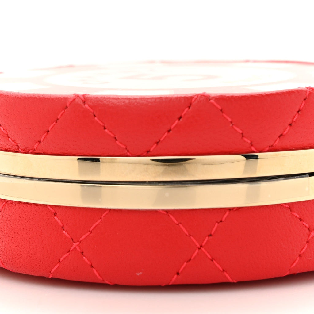 Lambskin Enamel Quilted Round Poker Chip Clutch With Chain Red White