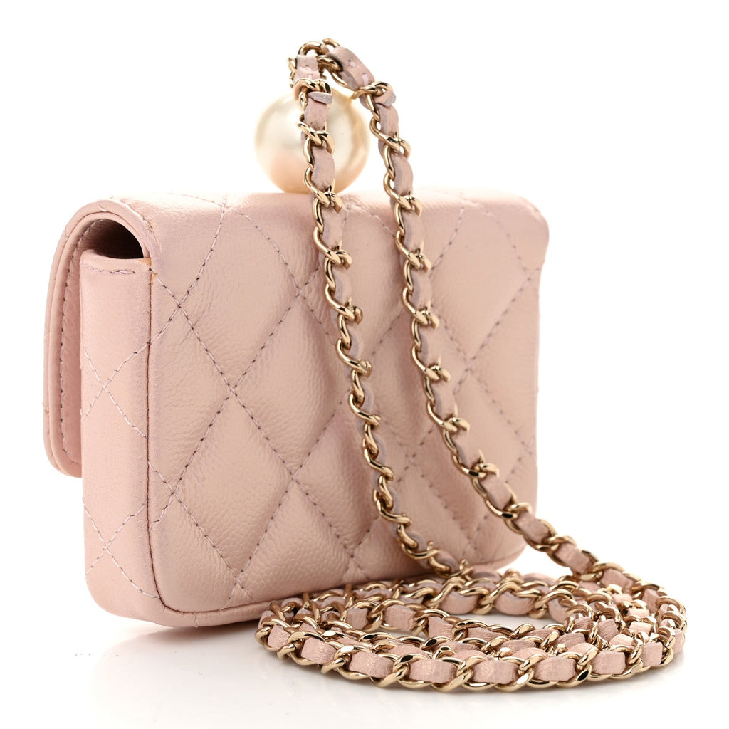 Iridescent Caviar Quilted Pearl On Top Coin Purse With Chain Light Pink