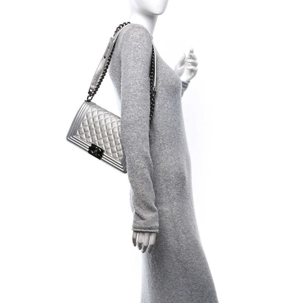 Metallic Lambskin Perforated Quilted Medium Boy Flap Argent