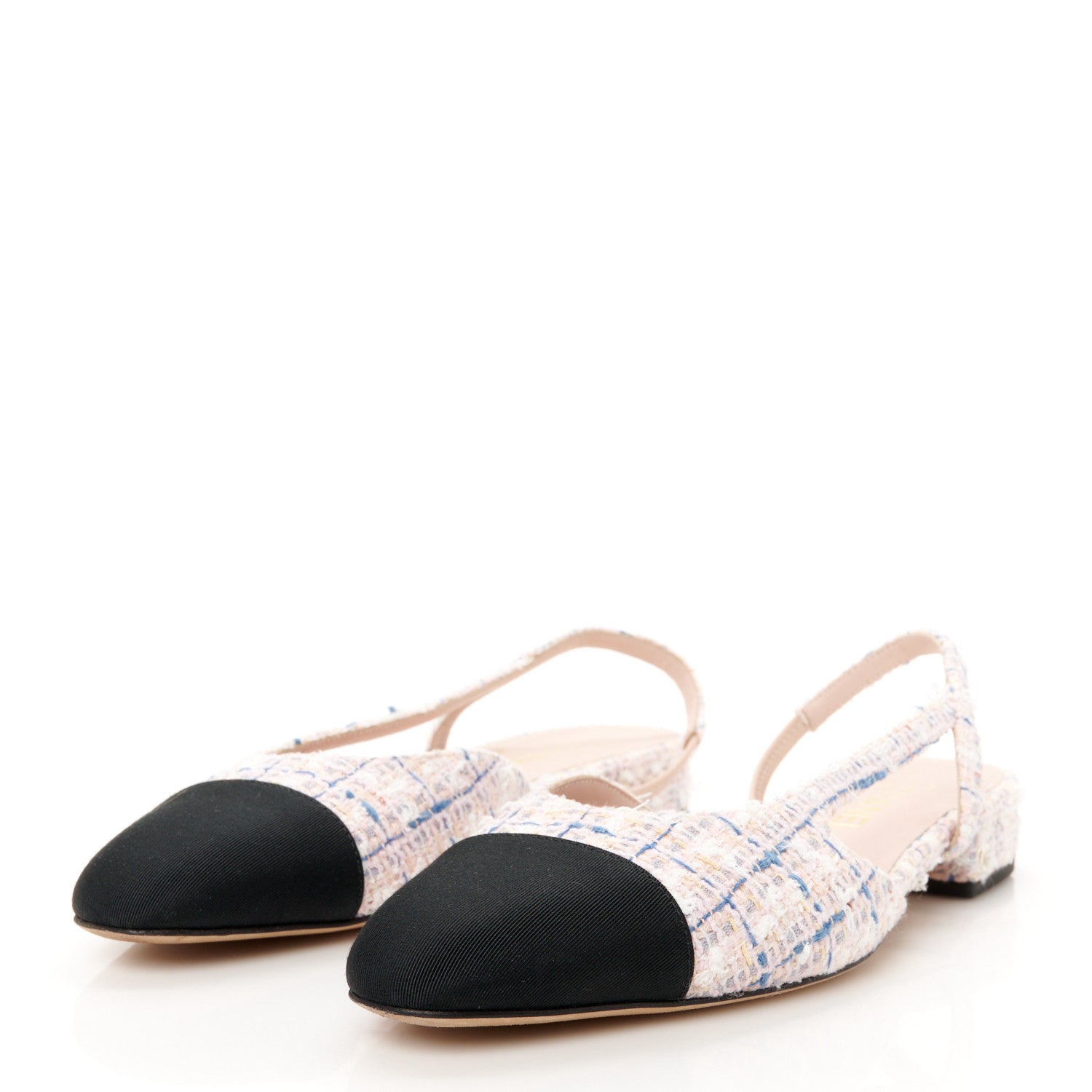 Tweed Grosgrain Cap Toe Slingback Flats 39 White Blue Pink