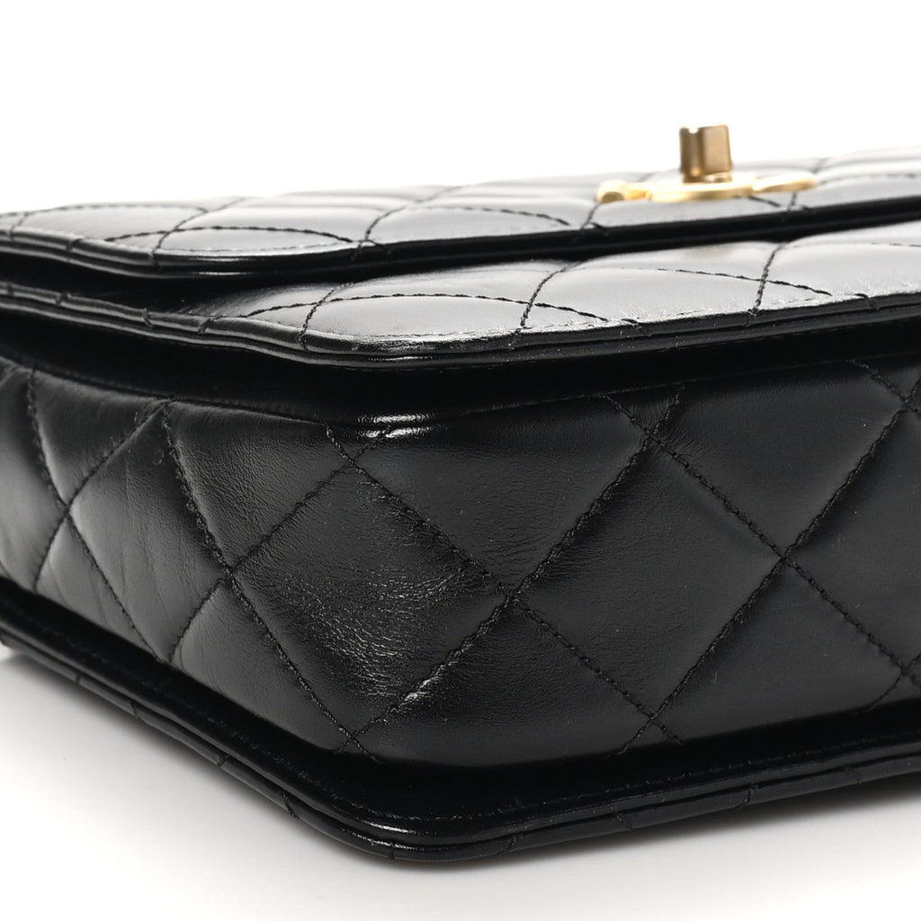 Shiny Calfskin Quilted Small Metal Chain Top Handle Flap Black