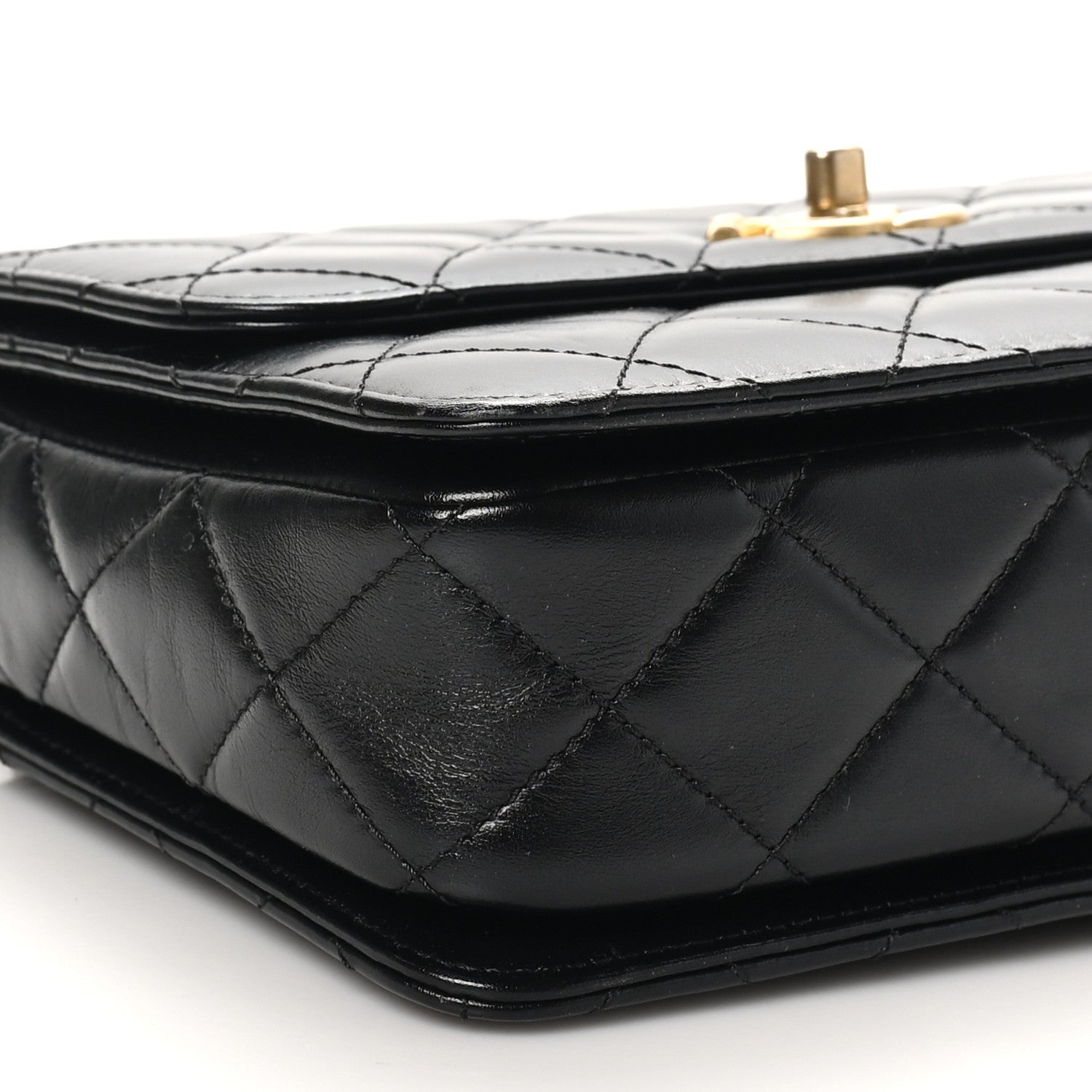 Shiny Calfskin Quilted Small Metal Chain Top Handle Flap Black