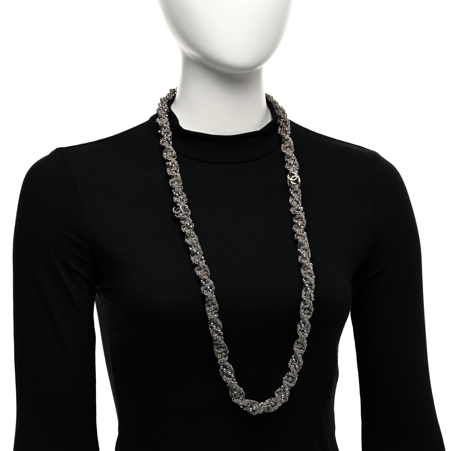 Multi Chain Braided Pearl Long Necklace Silver