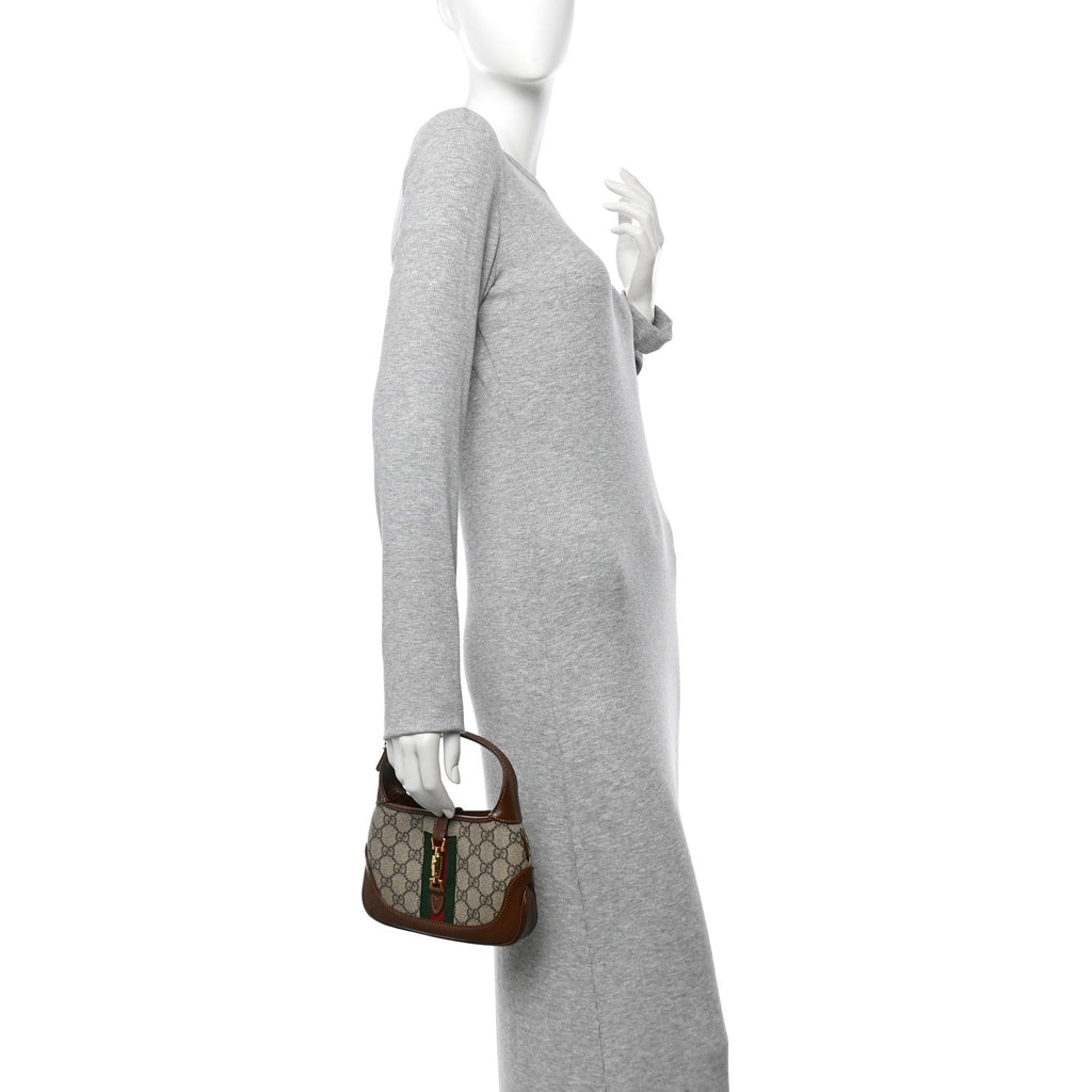 GG Supreme Monogram Azalea Calfskin Web Mini Jackie 1961 Hobo Beige Ebony Brown Sugar