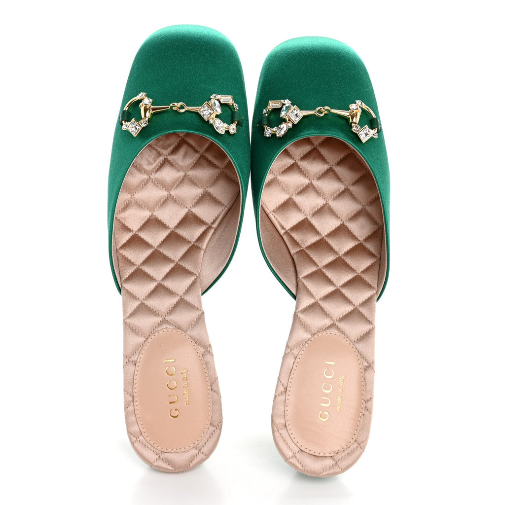 Silk Satin Crystal Embellished Horsebit Mules 36 Shamarock Emerald