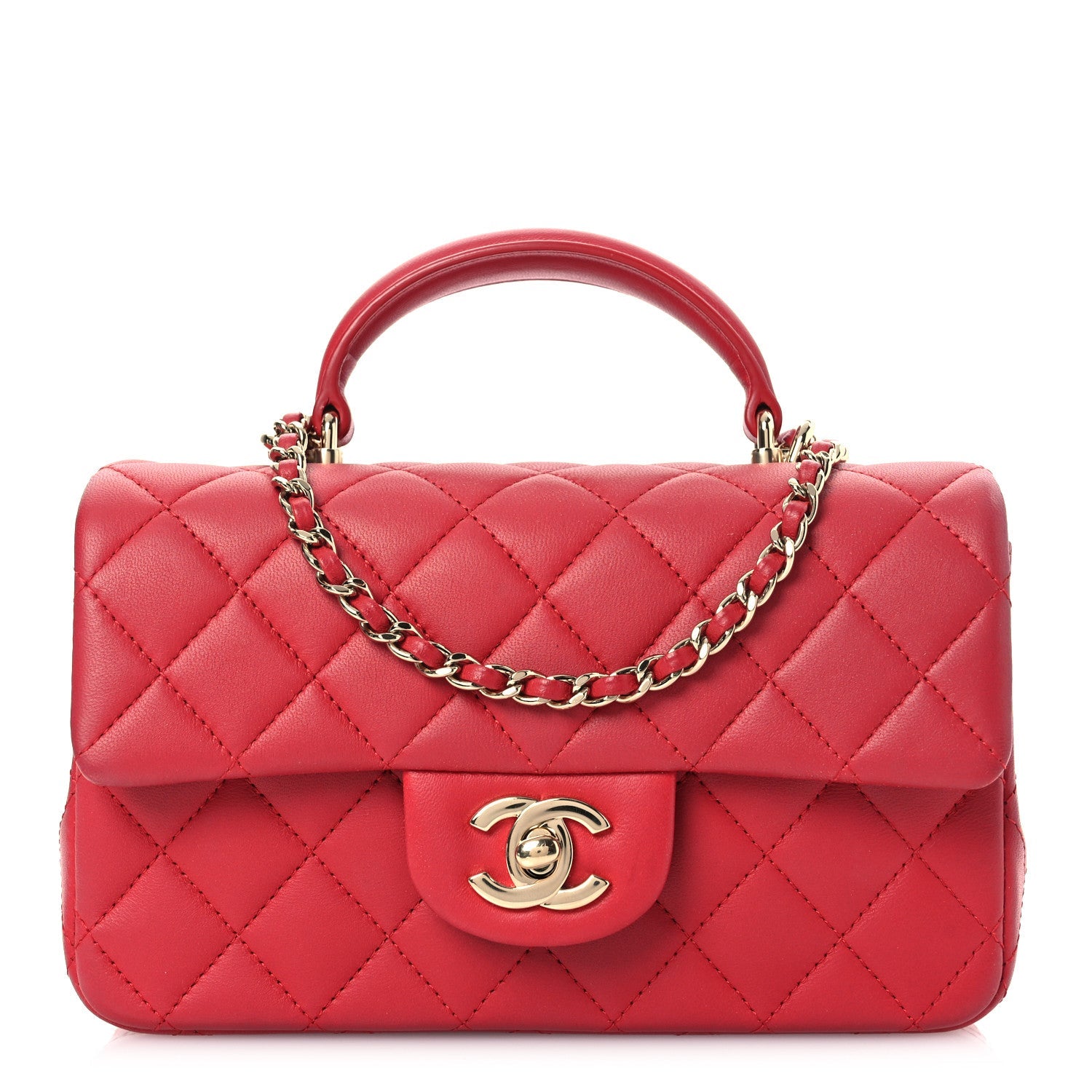 Lambskin Quilted Mini Top Handle Rectangular Flap Red
