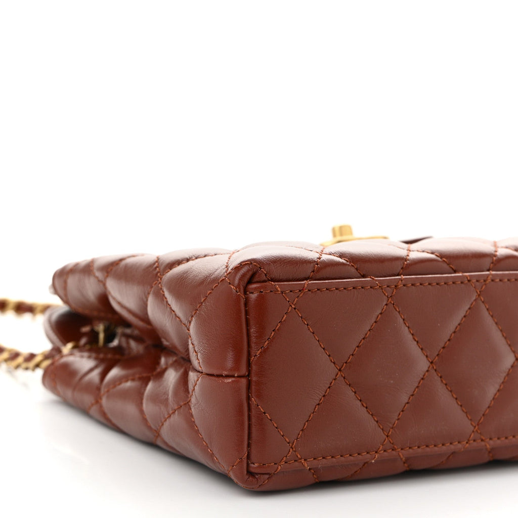 Shiny Aged Calfskin Quilted Nano Kelly Shopper Brown