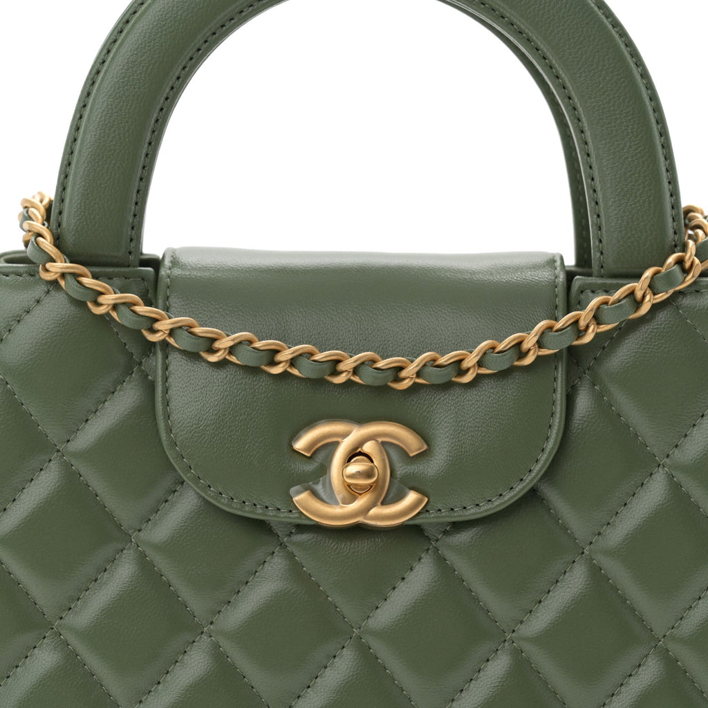 Shiny Aged Calfskin Quilted Nano Kelly Shopper Khaki