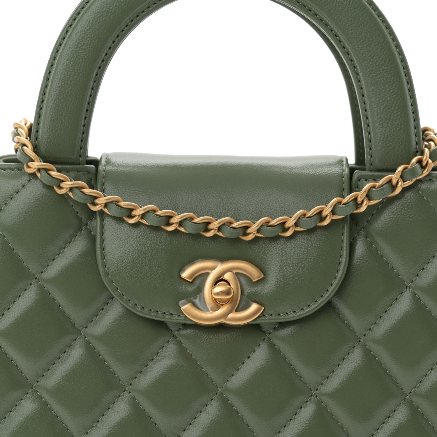 Shiny Aged Calfskin Quilted Nano Kelly Shopper Khaki