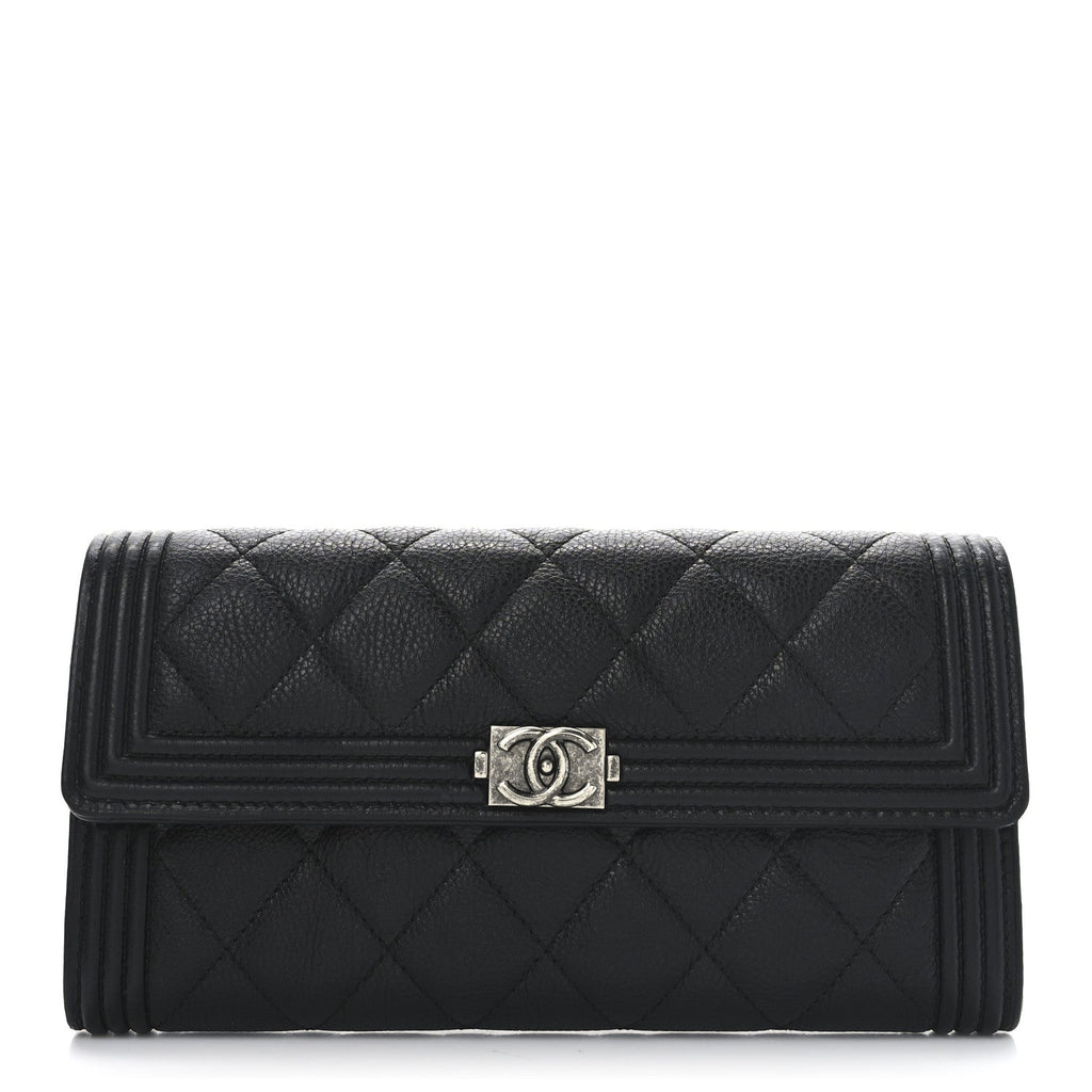 Caviar Quilted Large Boy Gusset Flap Wallet Black