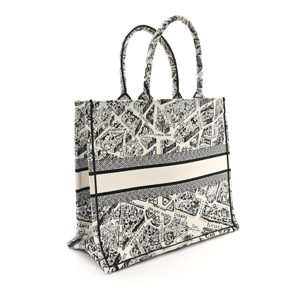 Canvas Embroidered Large Plan De Paris Book Tote White Black