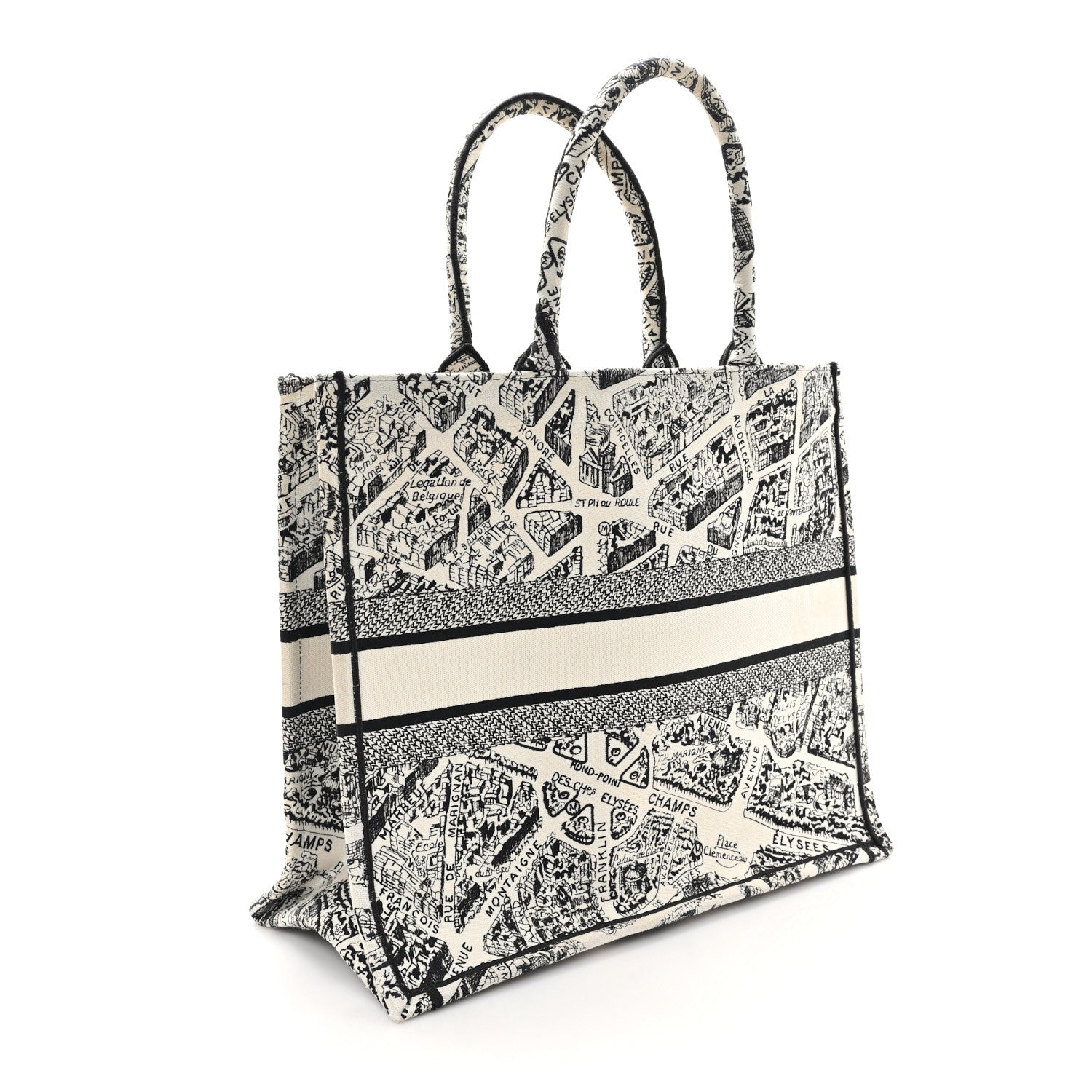 Canvas Embroidered Large Plan De Paris Book Tote White Black