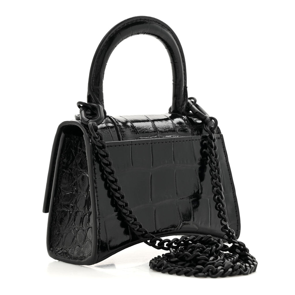 Shiny Calfskin Monochrome Crocodile Embossed Hourglass Top Handle Bag Mini with Chain Black