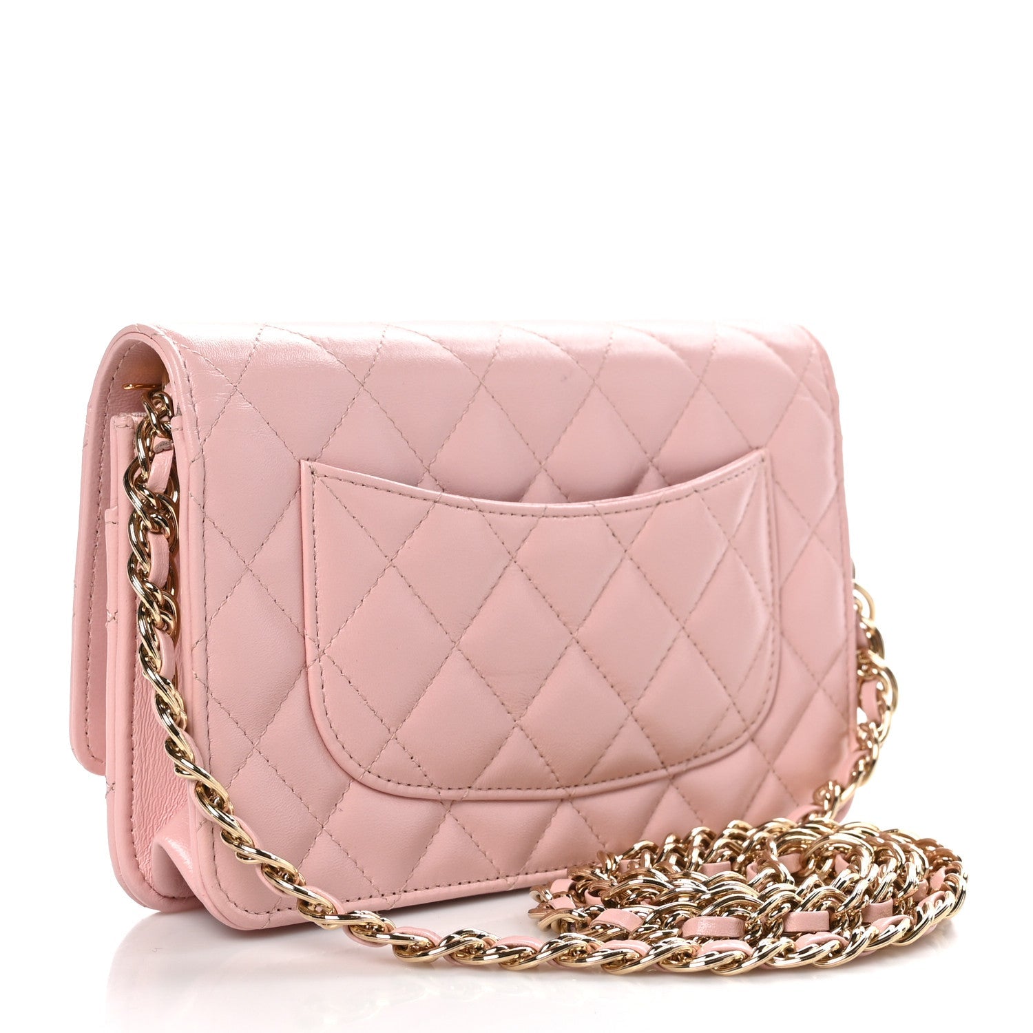Shiny Lambskin Quilted Golden Links Wallet On Chain WOC Light Pink