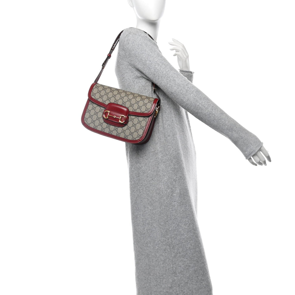 GG Supreme Monogram Azalea Calfskin Horsebit 1955 Shoulder Bag Beige Ebony New Cherry Red