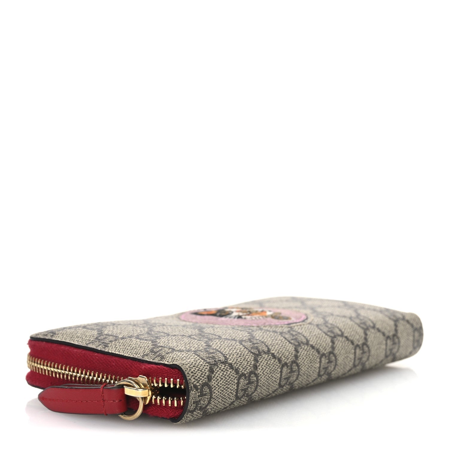 GG Supreme Monogram Bosco Patch Zip Around Wallet Beige Malva Hibiscus Red