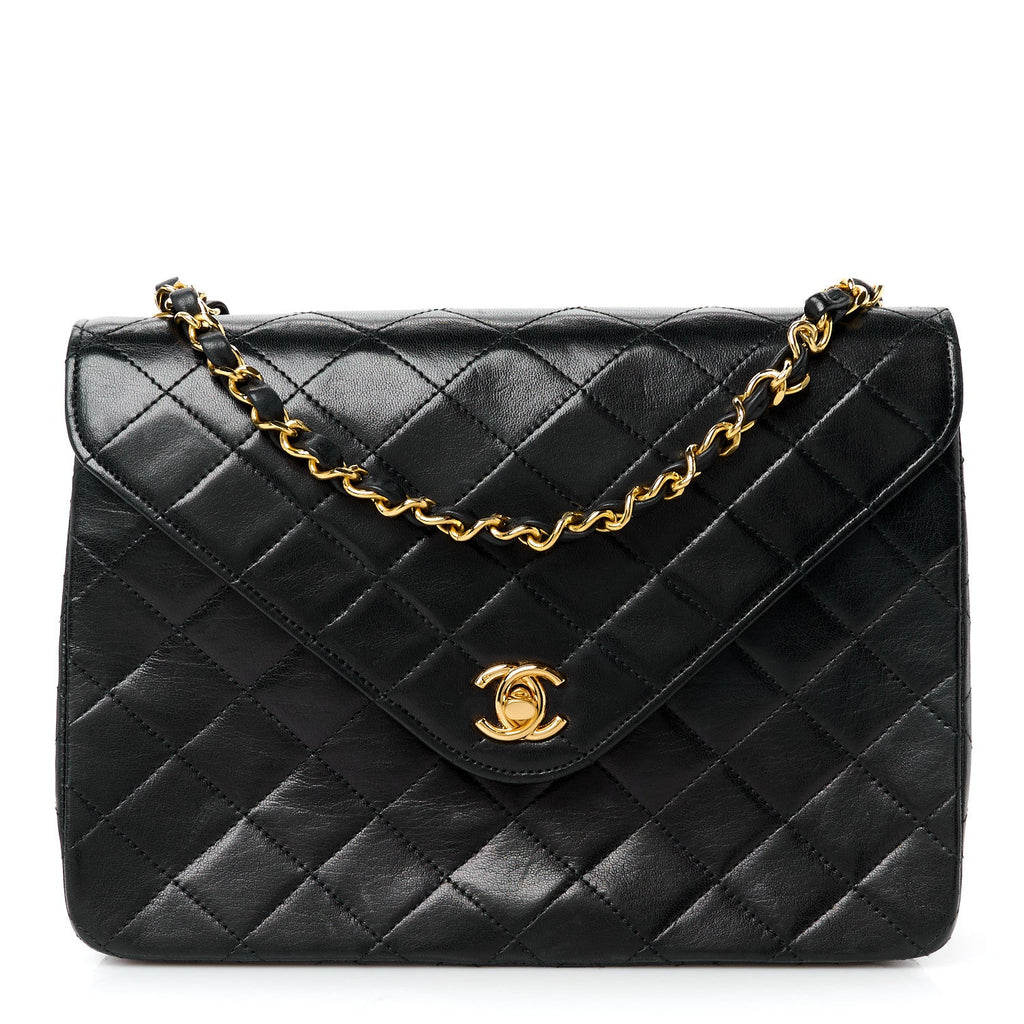 Lambskin Diamond Stitch Envelope Single Flap Black
