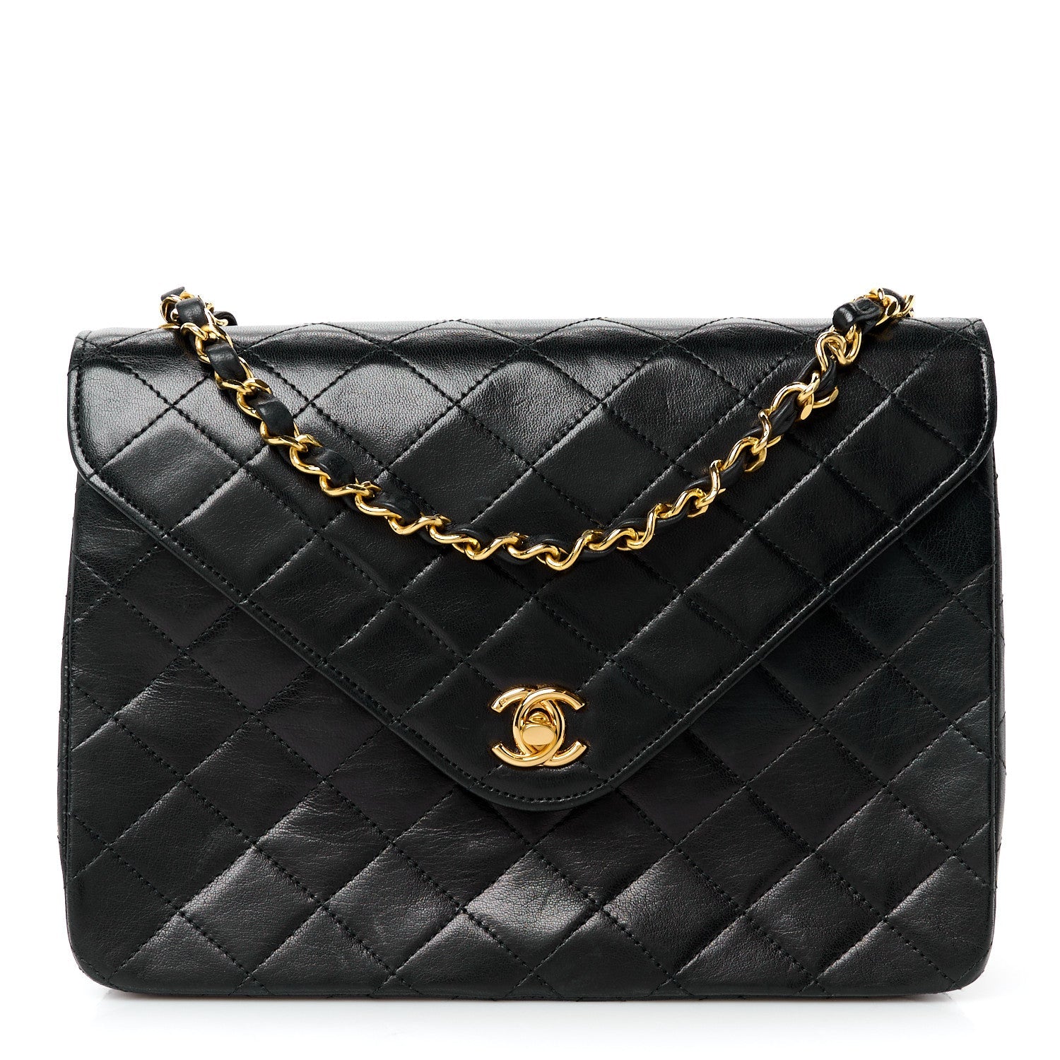 Lambskin Diamond Stitch Envelope Single Flap Black