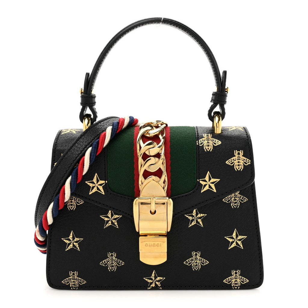 Textured Calfskin Bee Star Print Mini Sylvie Top Handle Bag Black