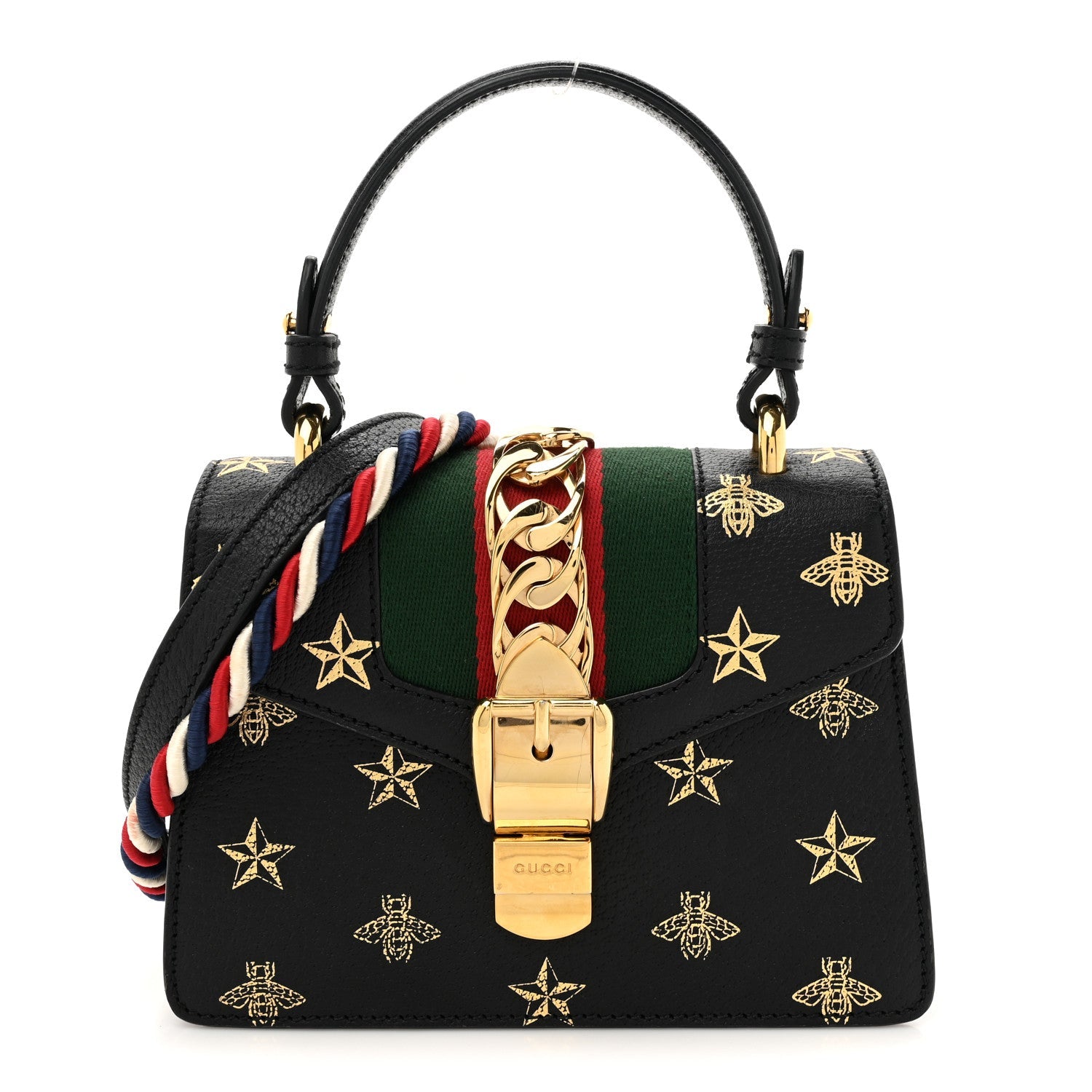 Textured Calfskin Bee Star Print Mini Sylvie Top Handle Bag Black