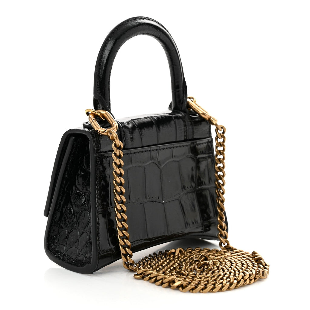 Shiny Calfskin Crocodile Embossed Hourglass Top Handle Bag Mini with Chain Black