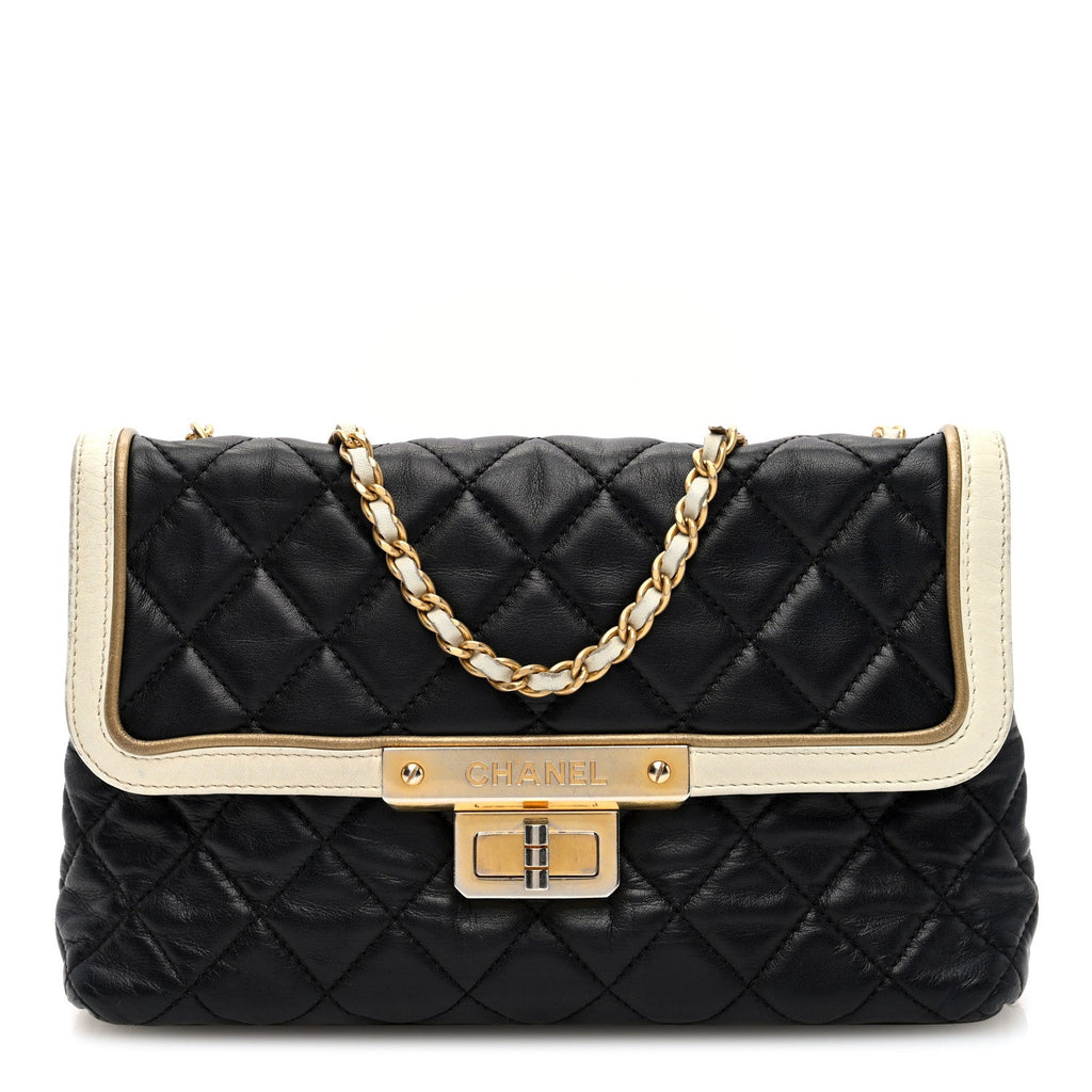 Lambskin Quilted Mademoiselle East West Flap Black White