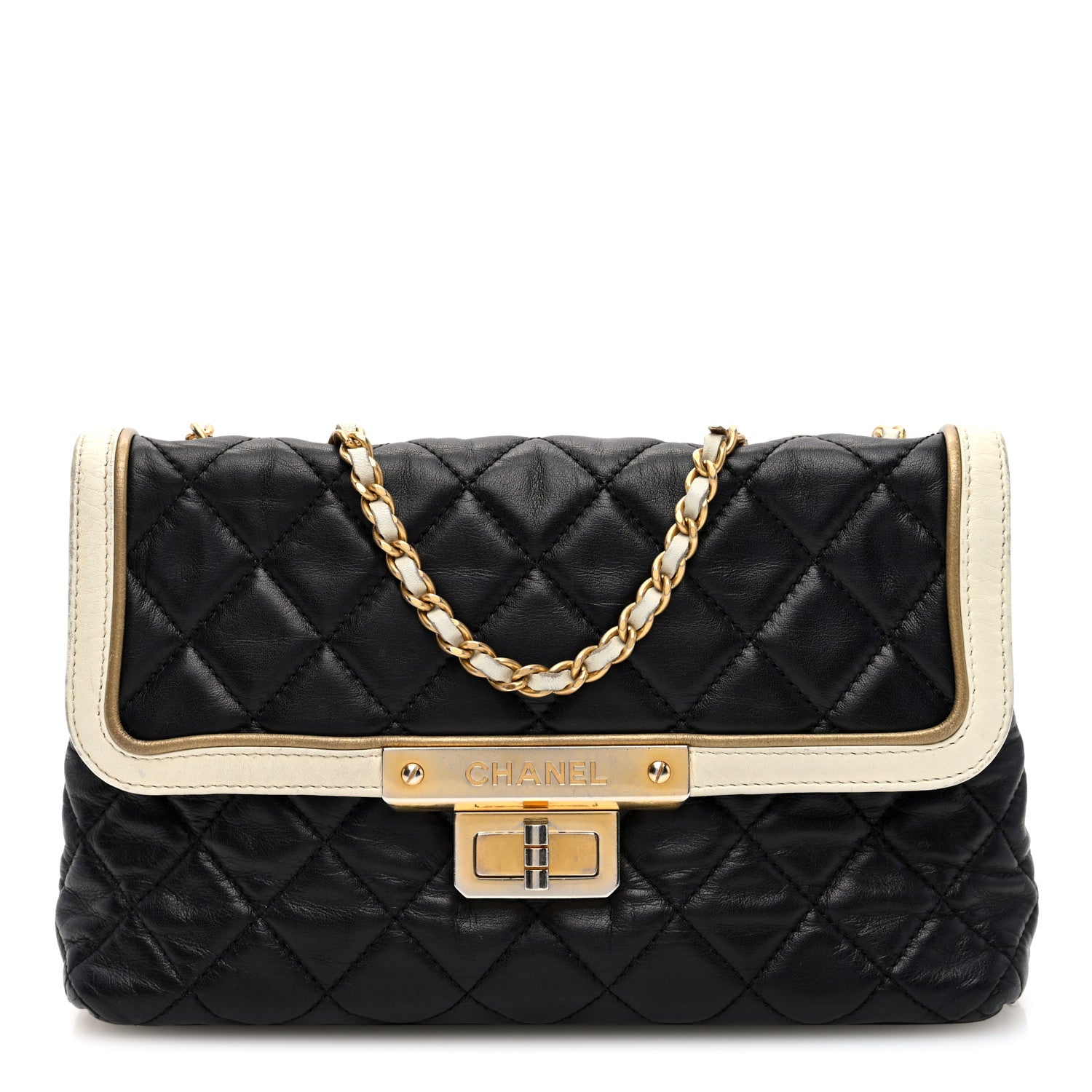 Lambskin Quilted Mademoiselle East West Flap Black White
