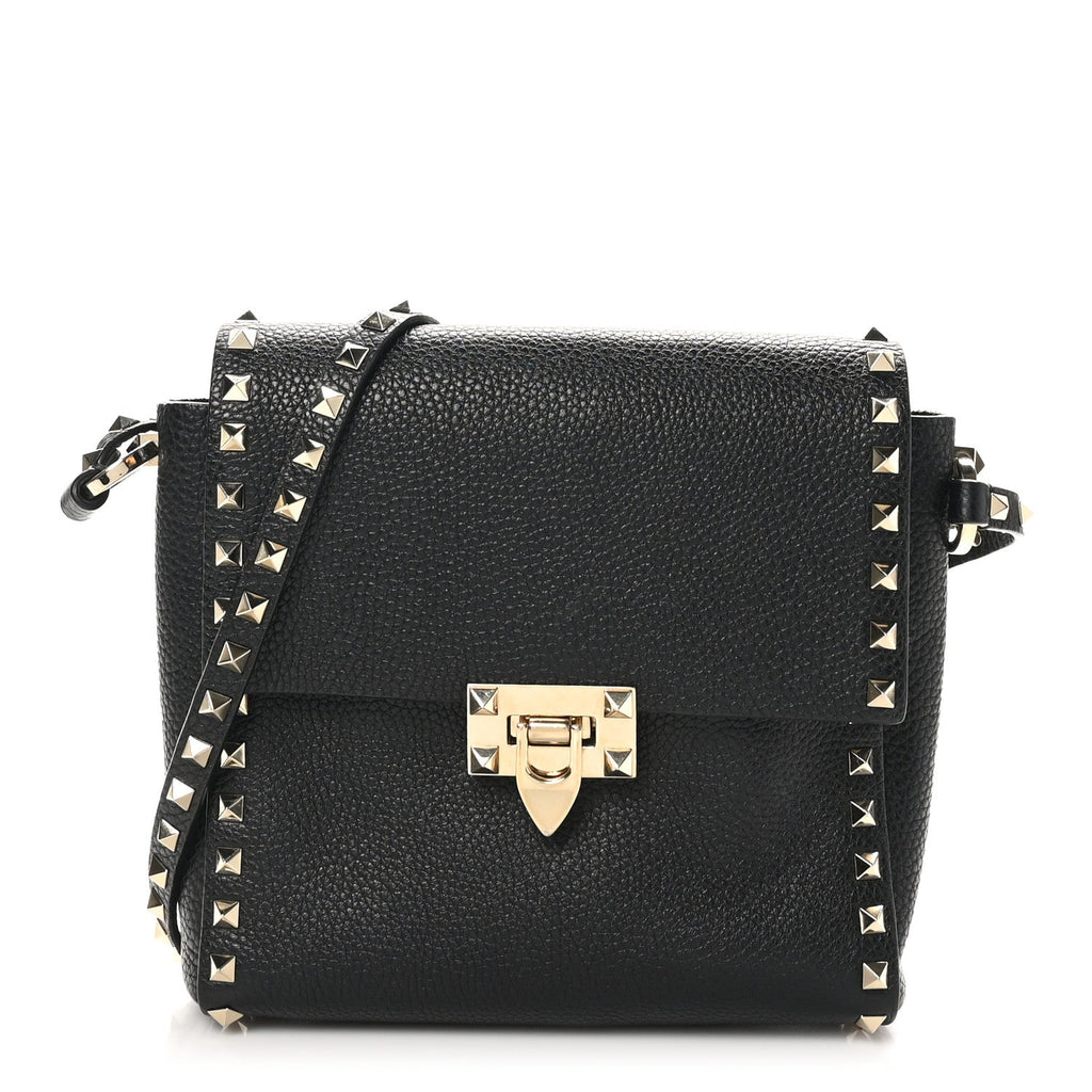 Pebbled Calfskin Rockstud Flip Lock Flap Messenger Black