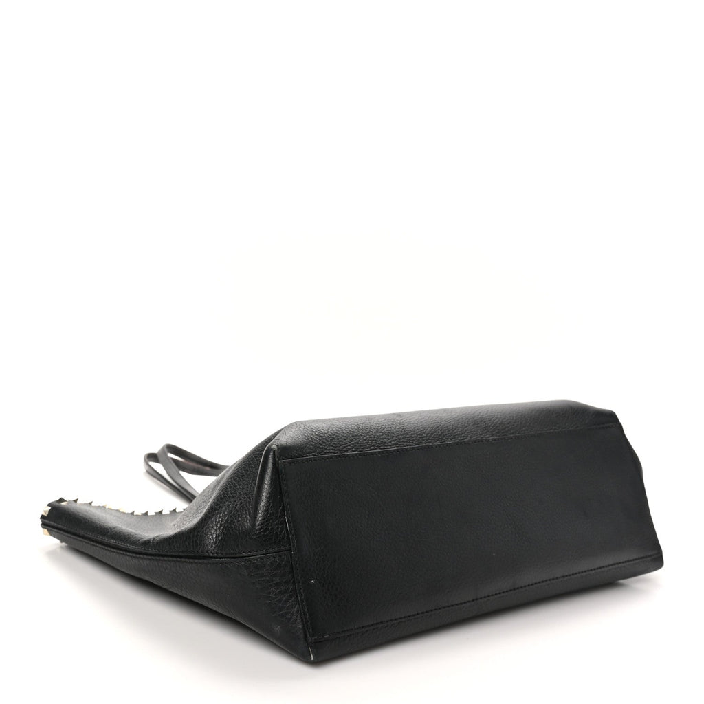 Grained Calfskin Rockstud Shoulder Tote Black
