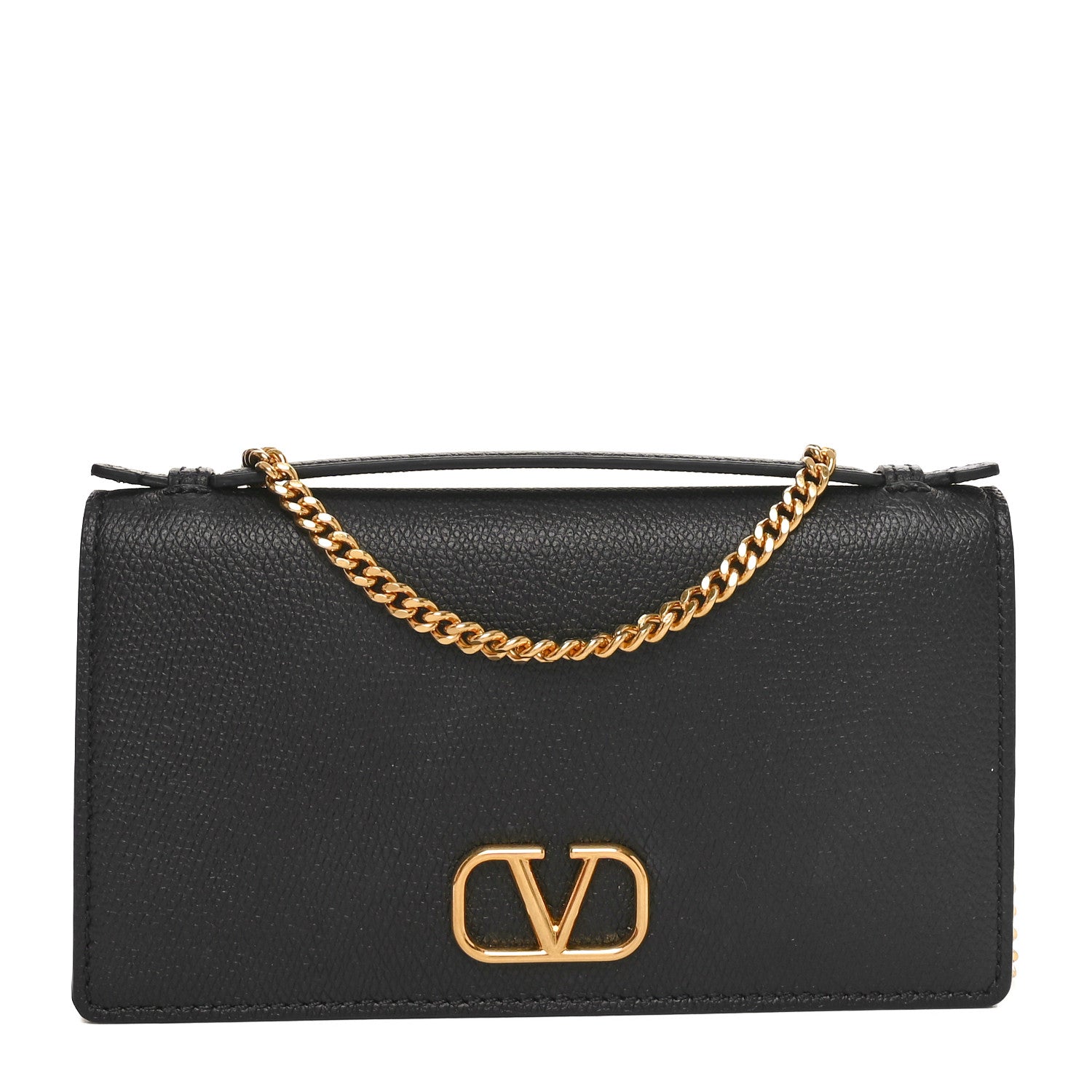 Grainy Calfskin VLogo Top Handle Wallet With Chain Black