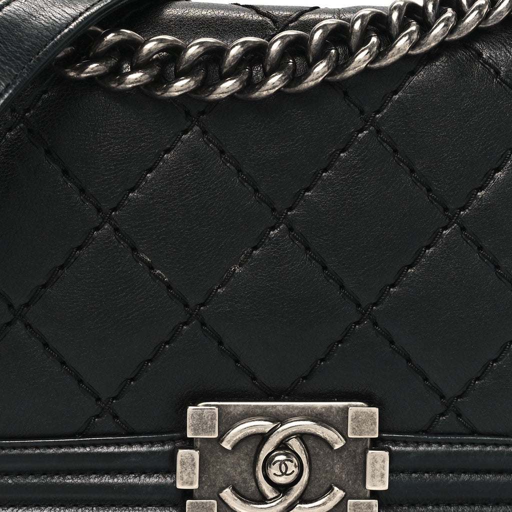 Calfskin Quilted Double Stitch Medium Boy Flap Black