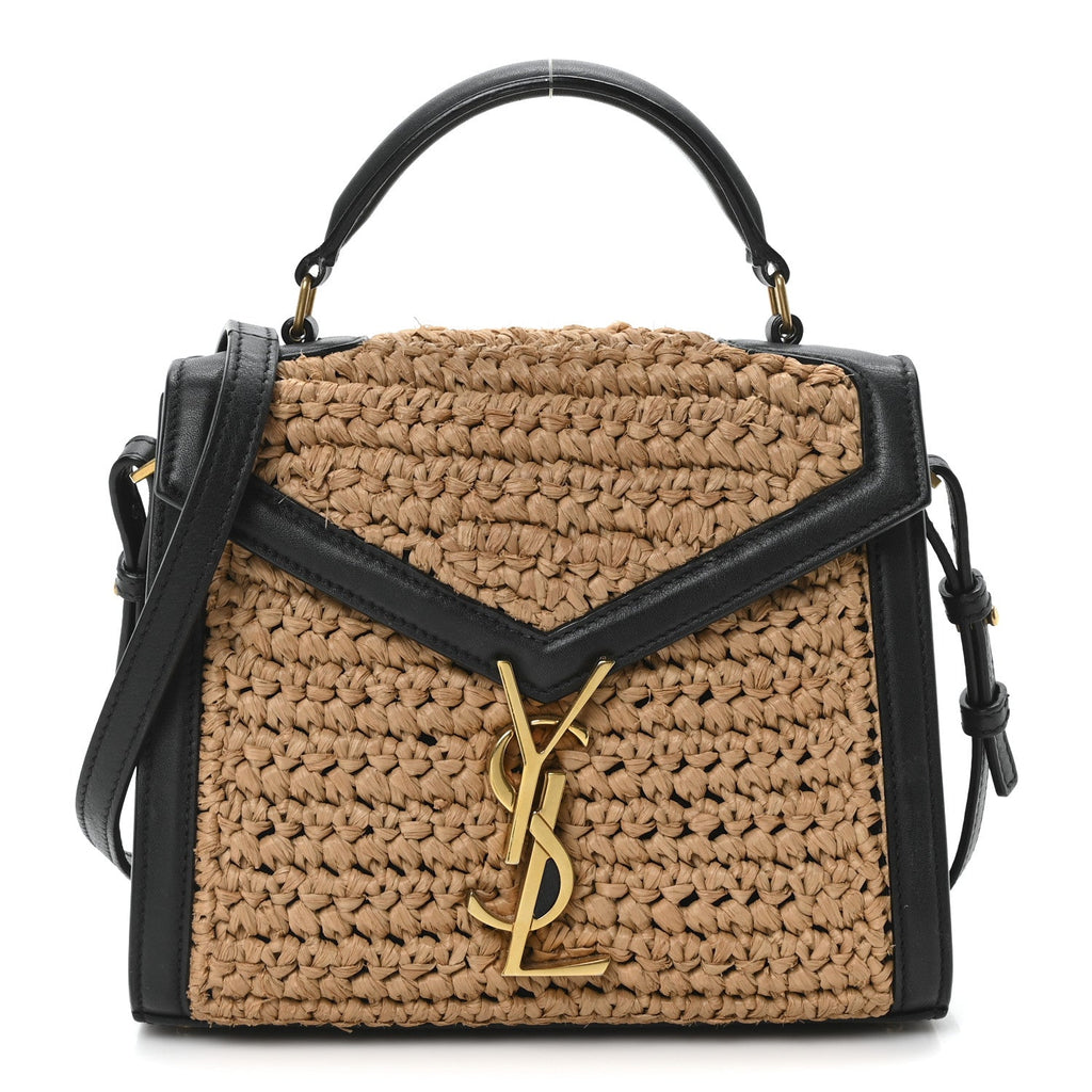 Raffia Calfskin Mini Classic Monogram Cassandra Top Handle Black Natural