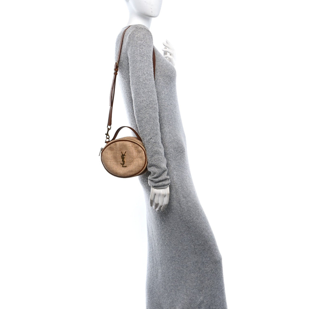 Raffia Calfskin Round Camera Bag Golden Ecru Brick