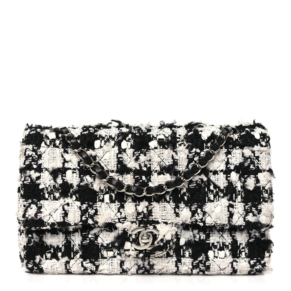 Tweed Quilted Medium Double Flap Black Ecru White