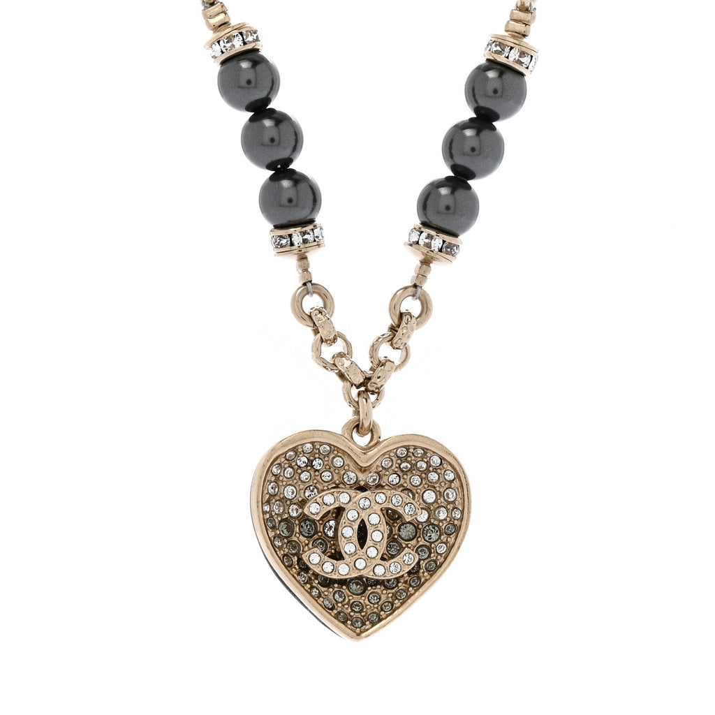 Pearl Resin Crystal Heart CC Pendant Chain Necklace Ruthenium Light Gold