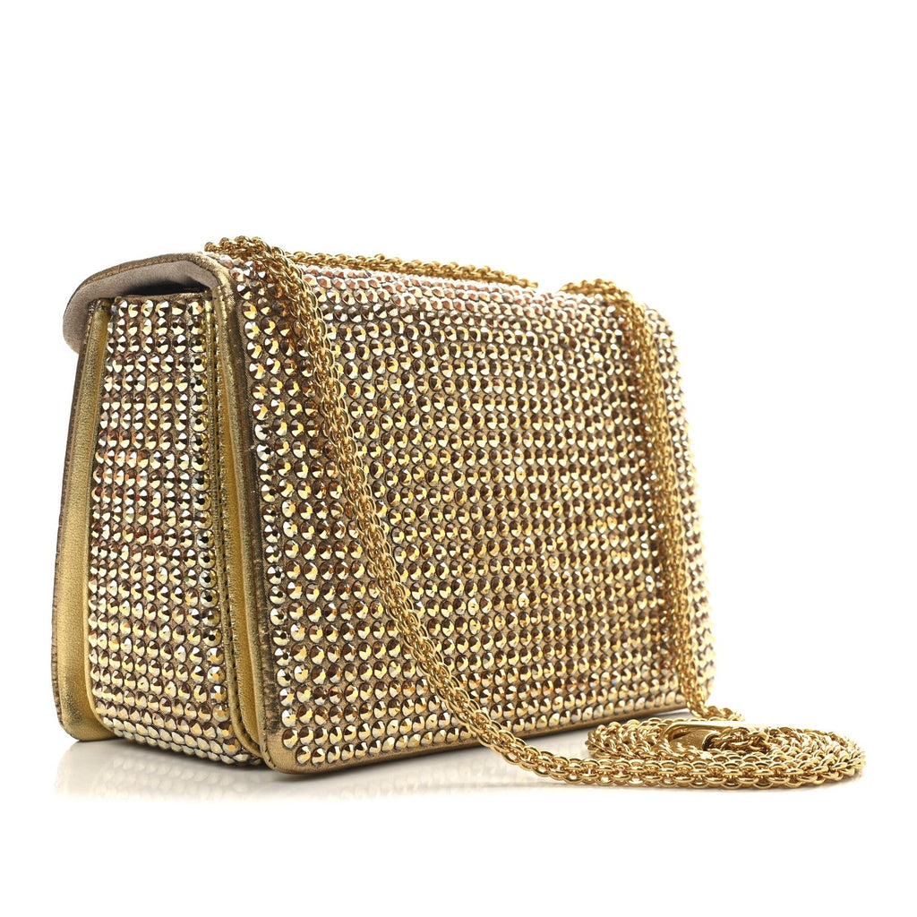 Crystal Embellished Metallic Calfskin Small One Stud Clutch With Chain Sunshine Gold