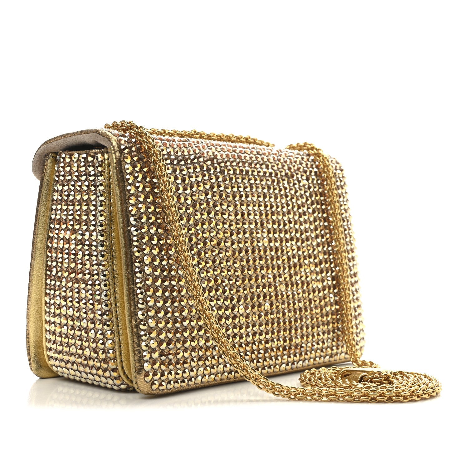 Crystal Embellished Metallic Calfskin Small One Stud Clutch With Chain Sunshine Gold