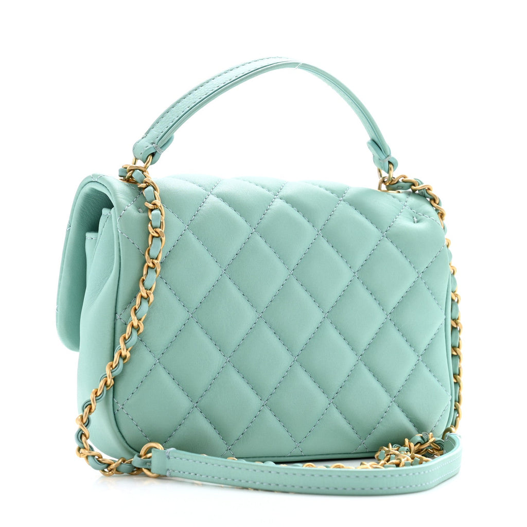 Calfskin Quilted Top Handle Flap Light Blue