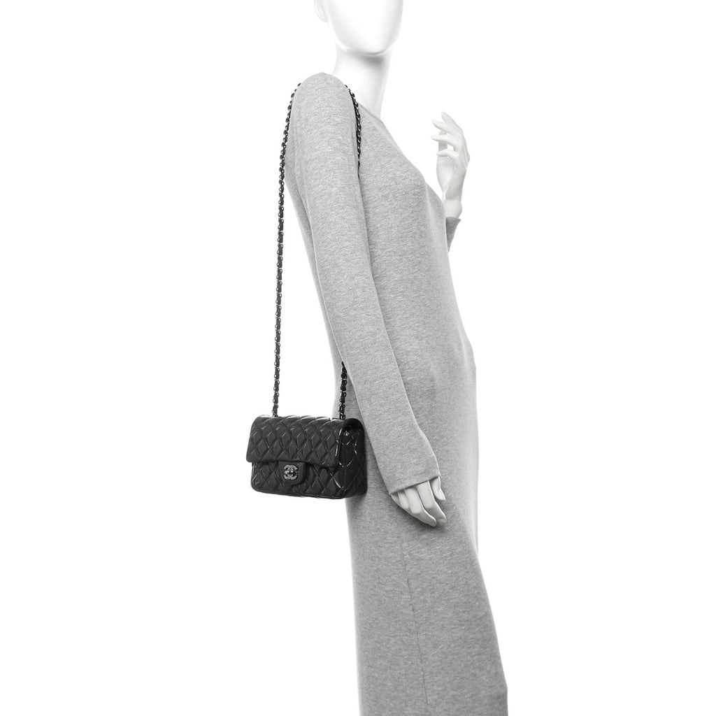 Patent Calfskin Quilted Mini Rectangular Flap Grey