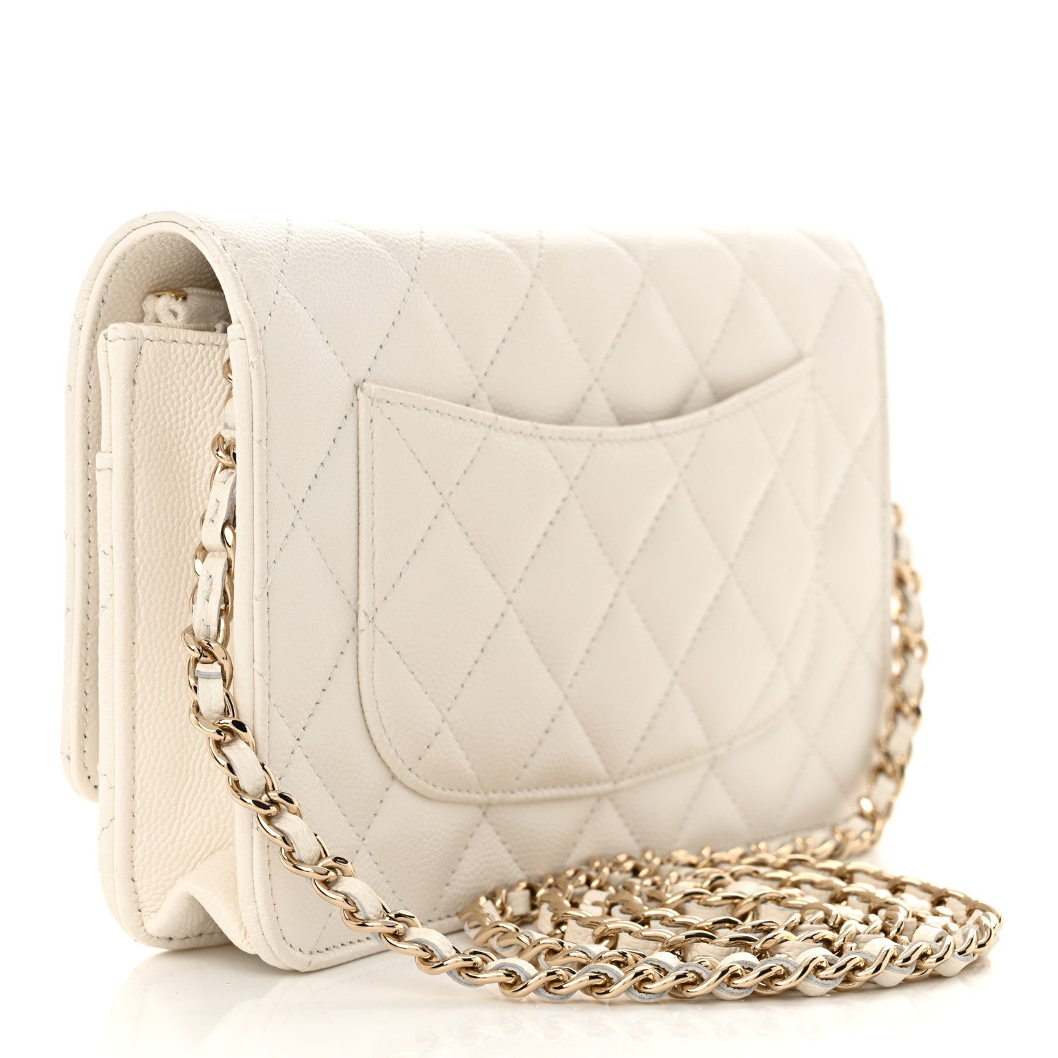 Shiny Caviar Quilted Crystal Heart CC Wallet On Chain WOC White