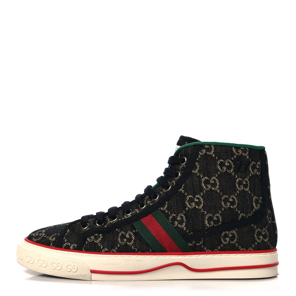 New Denim GG Monogram Web Mens 1977 Tennis High Top Sneakers 7.5 Black Ivory