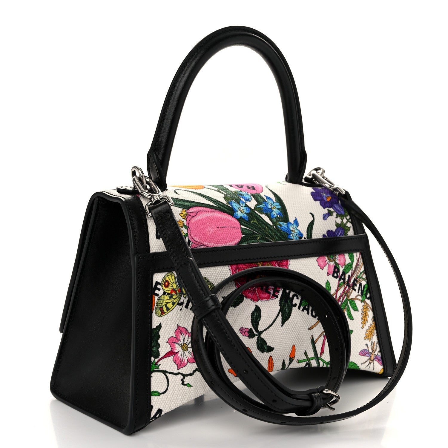X GUCCI Canvas Boarded Plutone Calfskin Flora Logo Print Small Hourglass Top Handle Bag White Multicolor Black