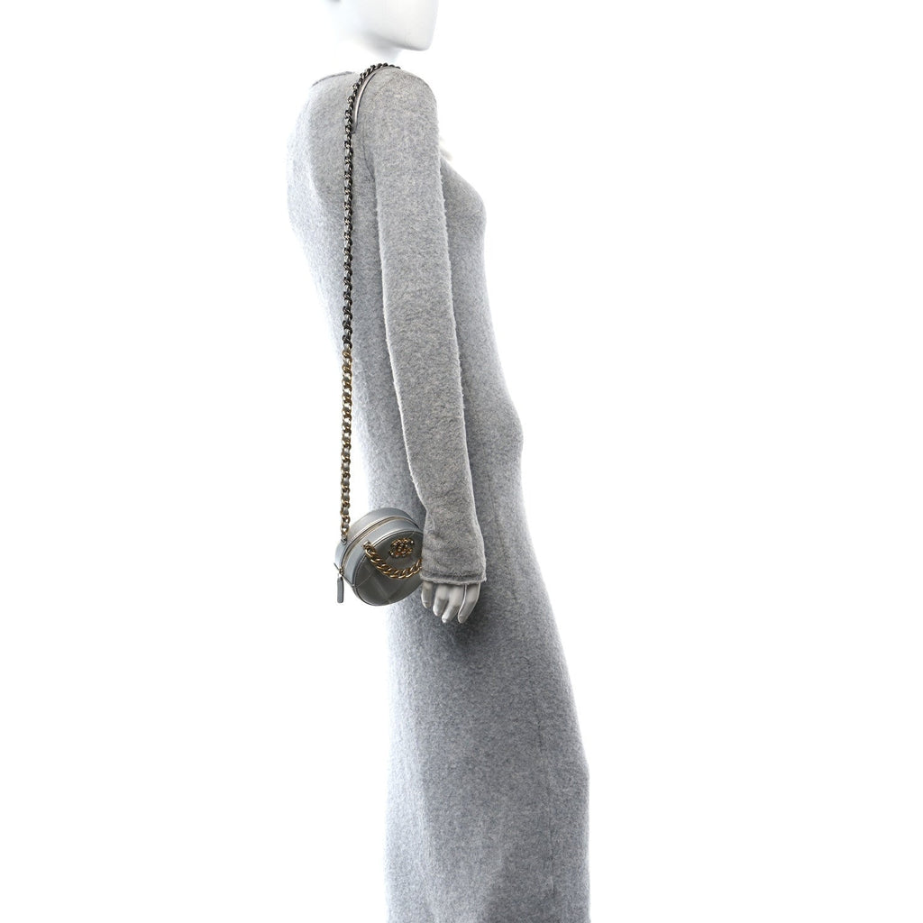Metallic Lambskin Quilted Chanel 19 Round Clutch With Chain Silver