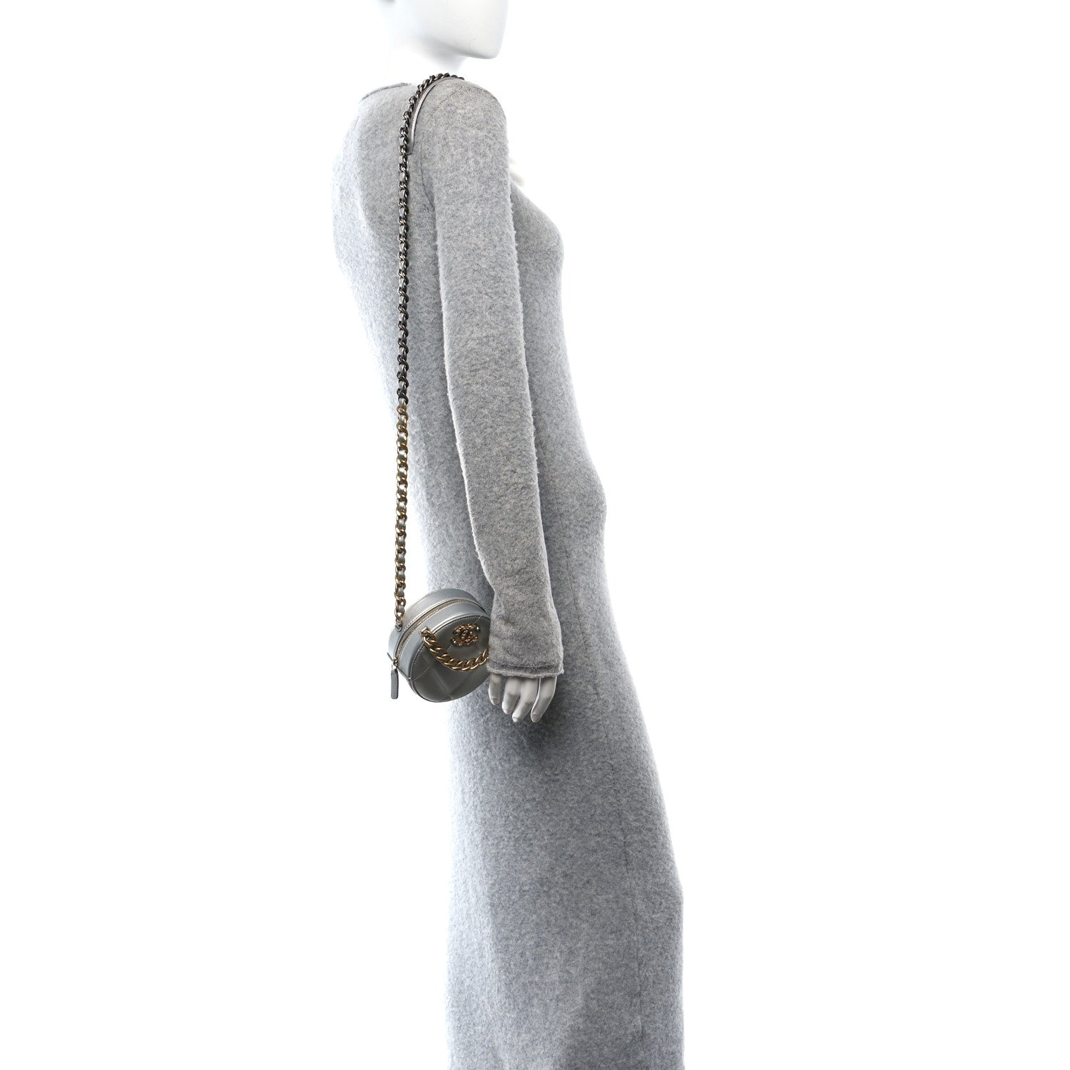 Metallic Lambskin Quilted Chanel 19 Round Clutch With Chain Silver